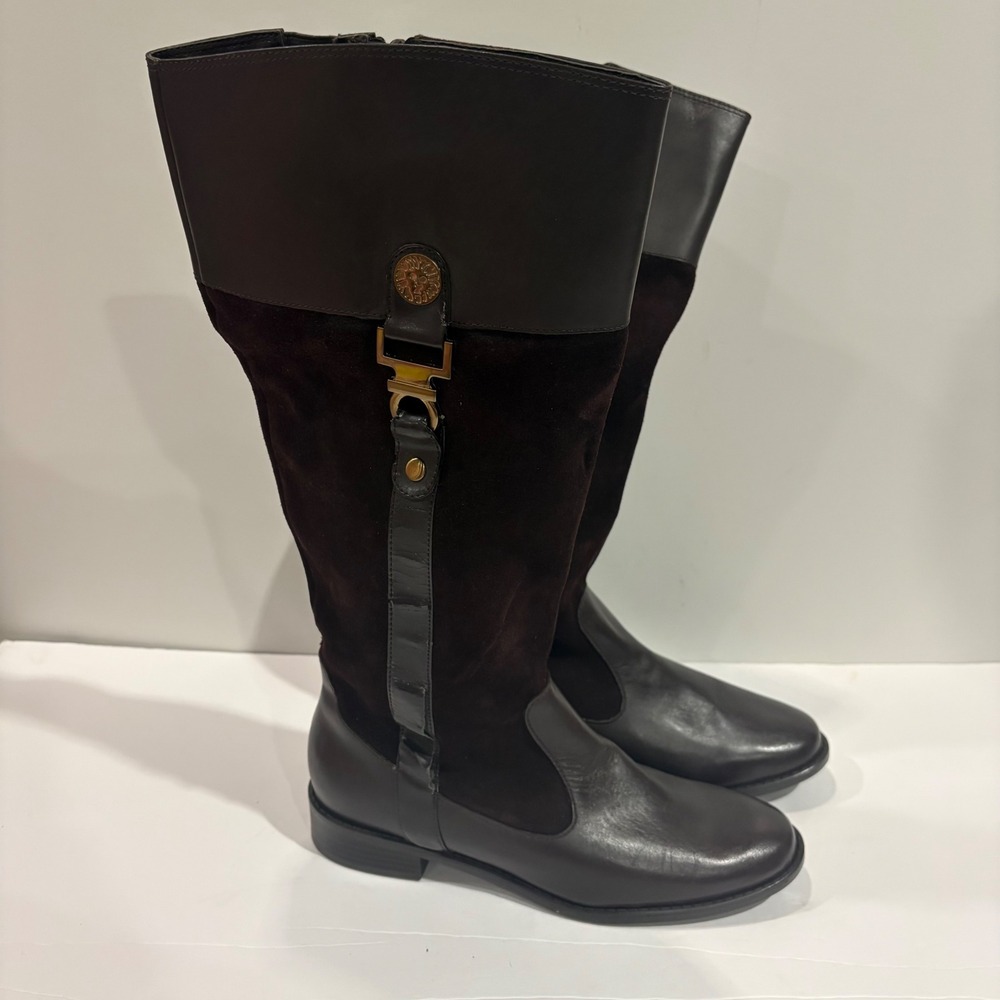 Anne Klein Brown Leather Faux Suede Riding Boots Gold Buckle Womens 7.5M